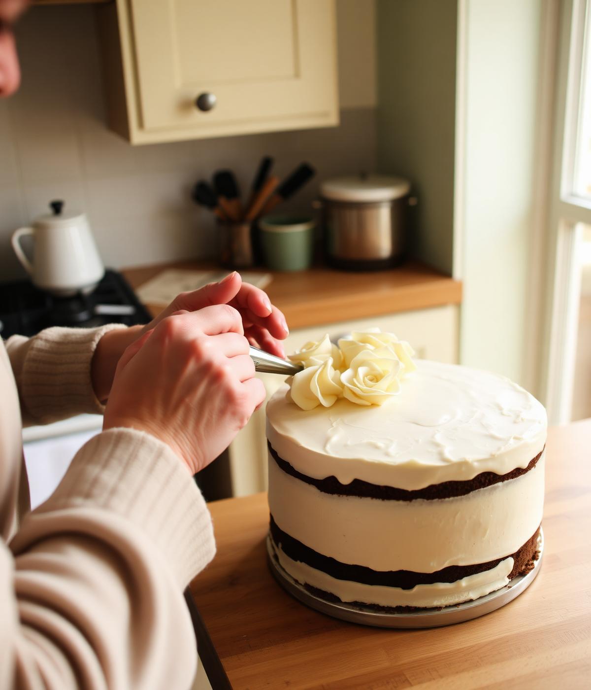 Piping buttercream flowers onto a birthday cake