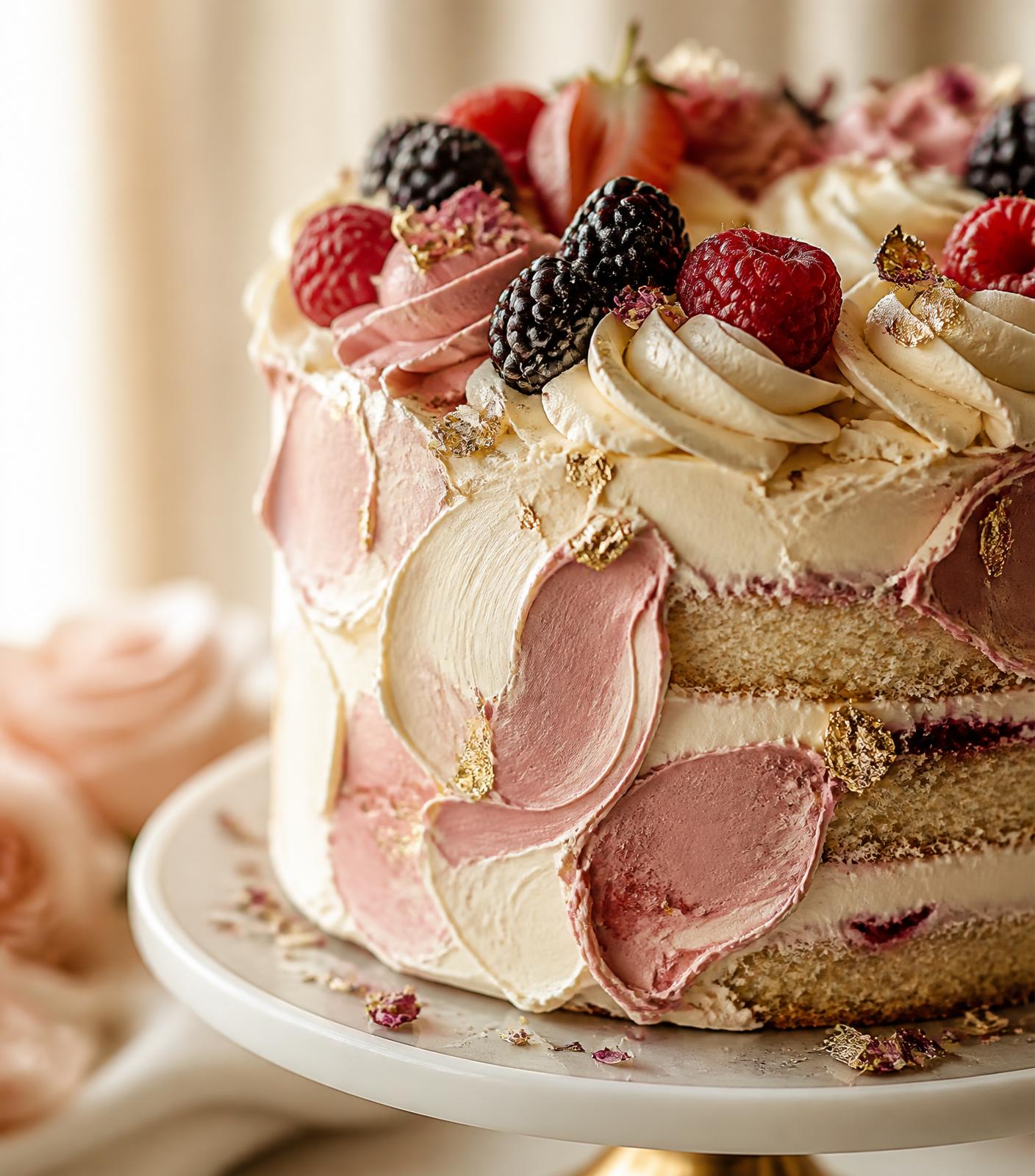 Celebration cake with cream and dusty rose buttercream, visible sponge layers and fresh berries